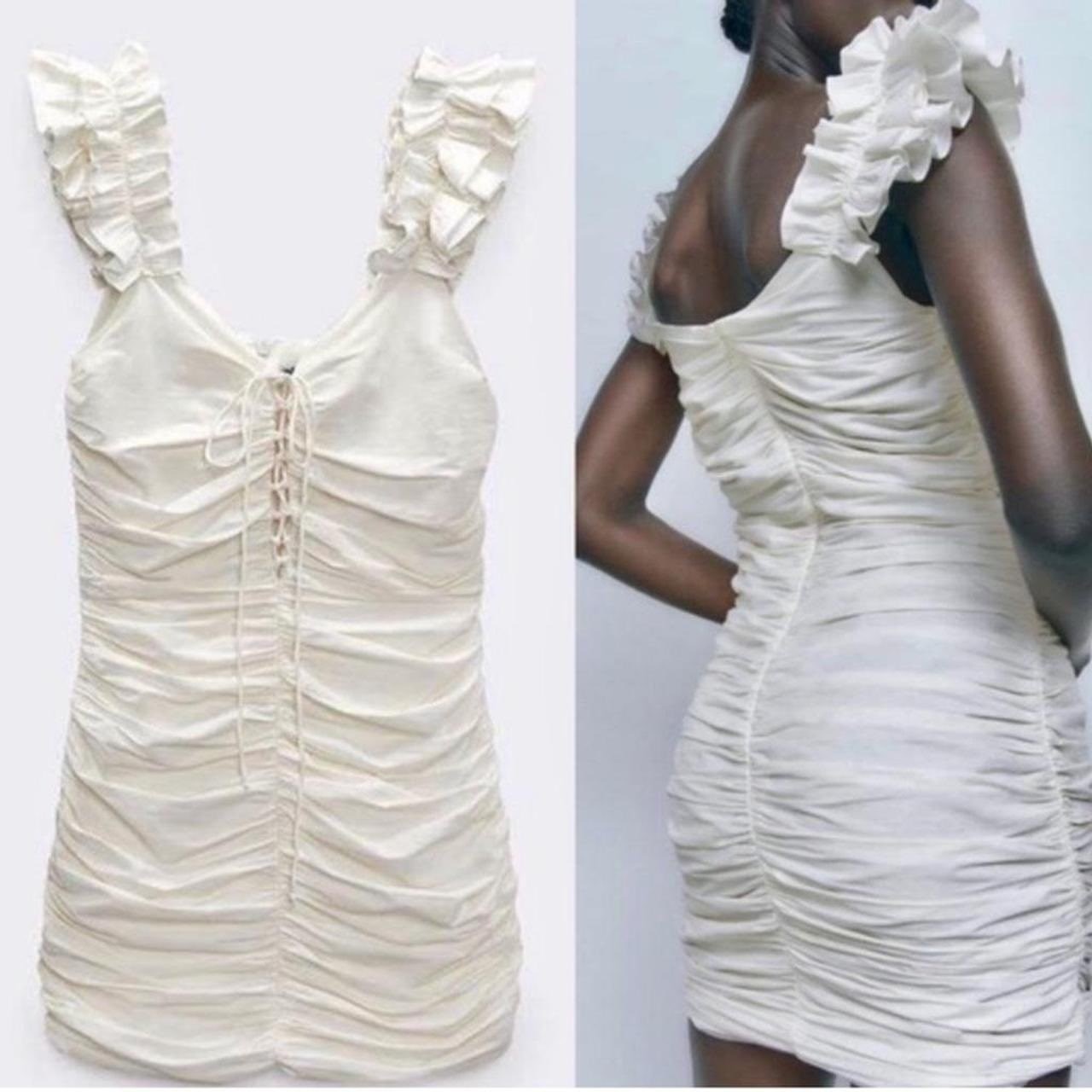 Zara White Ruched Ruffle Mini Dress Lace Up Front Sleeveless large