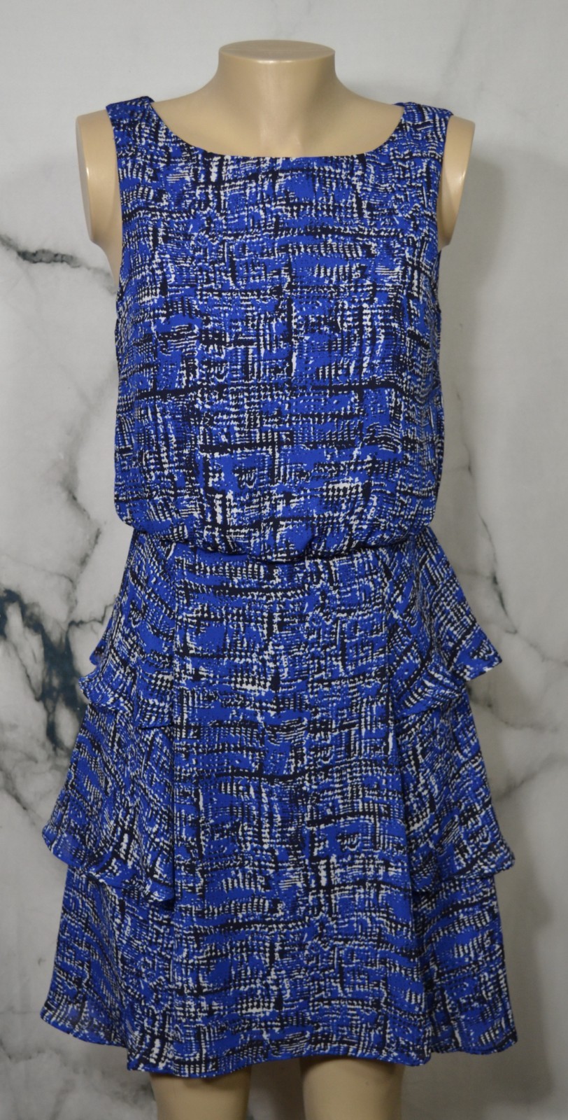 BANANA REPUBLIC Blue White Black Deconstructed Check Sleeveless Dress 6 Tiered