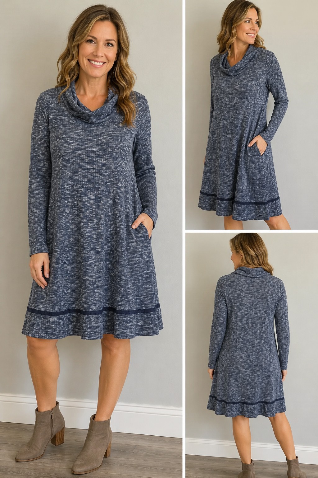 CHRIS McLaughlin Womens Size 12 Blue Space Dye Knit Dress Cowl Neck Pockets