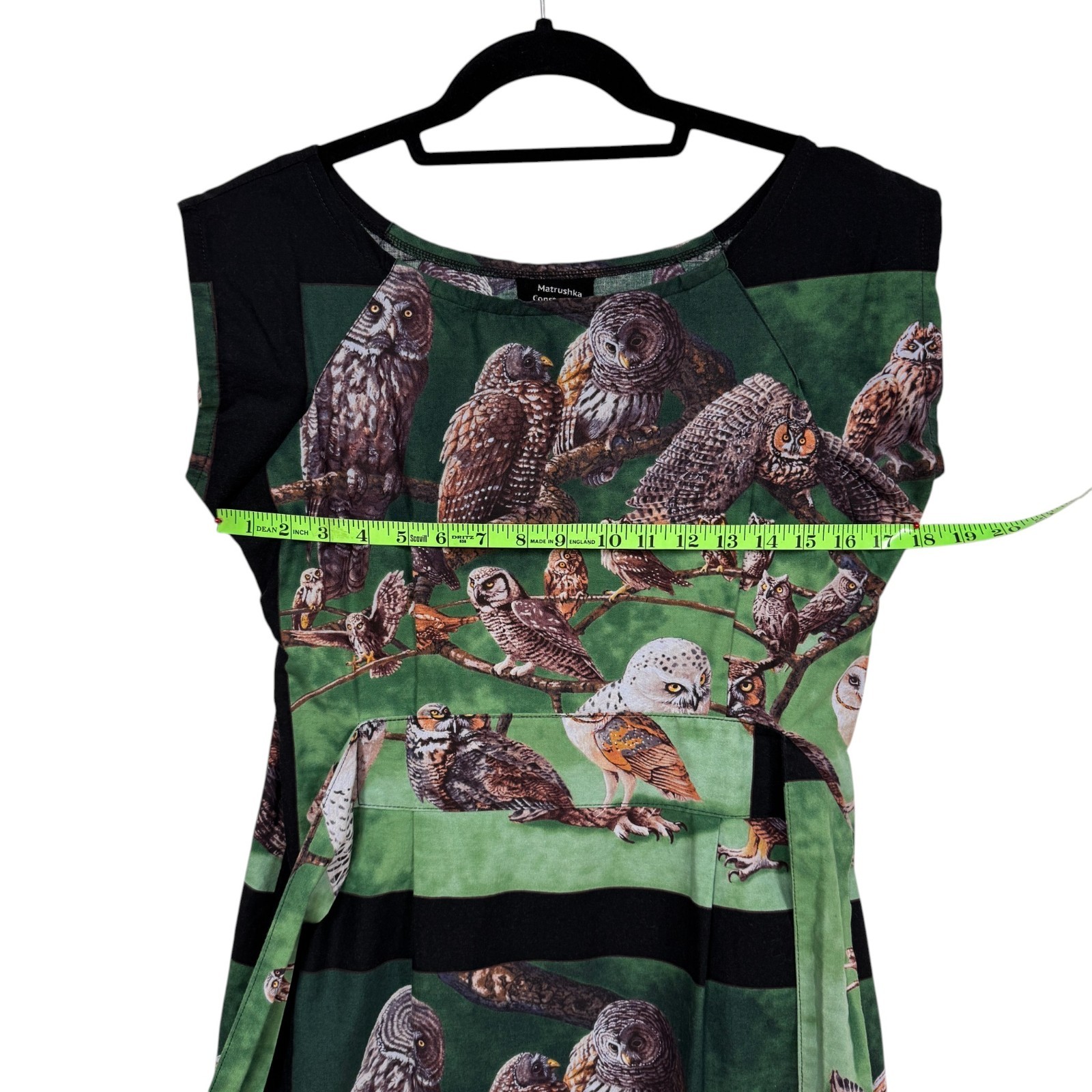 Matrushka Construction Shift Dress, Size Small, Owl Print Belted Handmade Unique