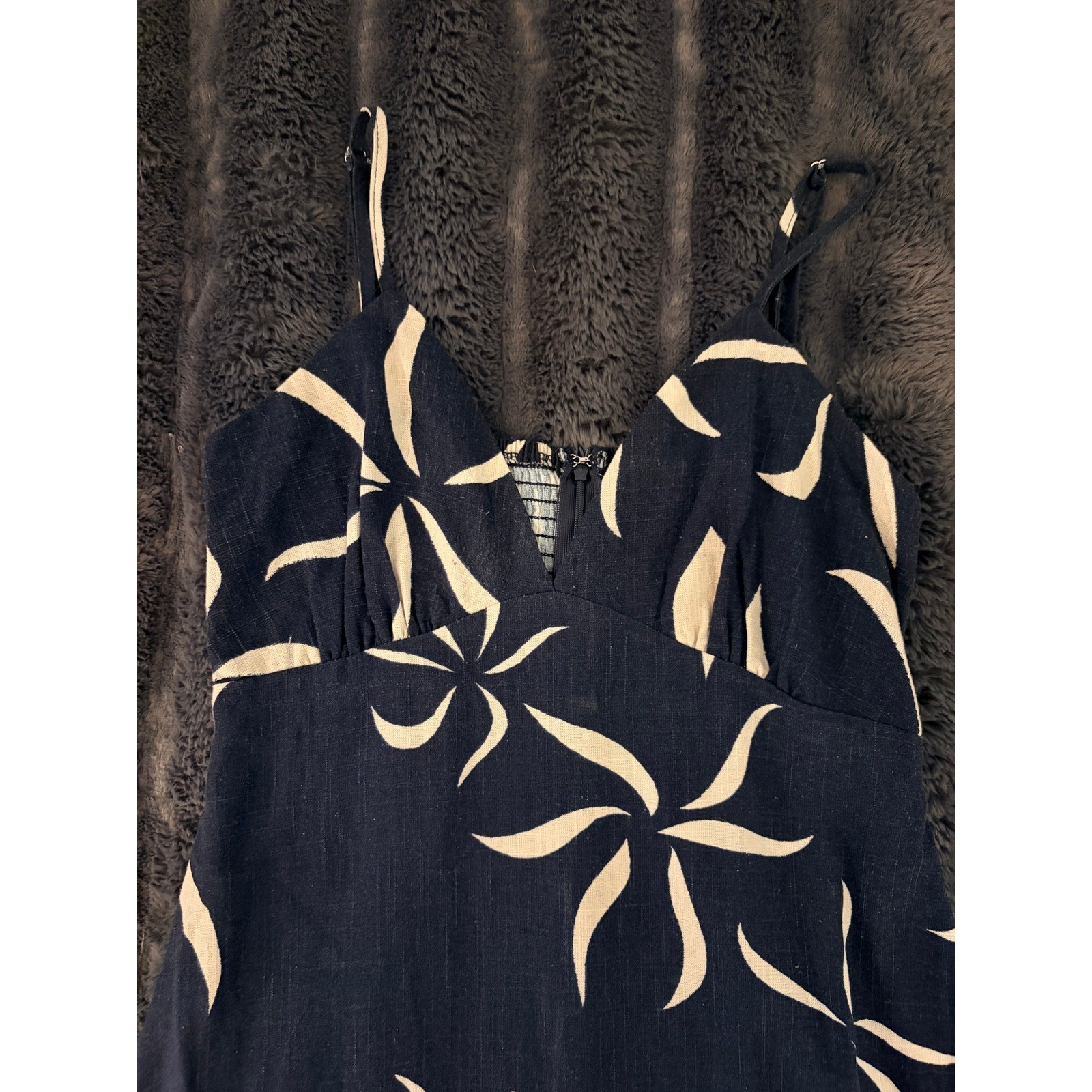 Navy Cream Floral Maxi Dress Small Strappy Smocked Back Coastal Boho Resortwear