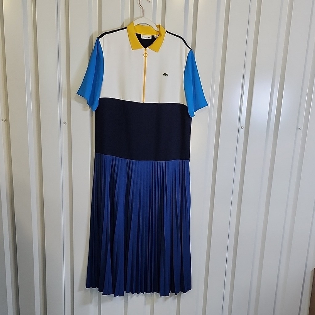 Lacoste Women’s Blue, White, Black Yellow Color Block Pleated Maxi Dress Sz FR42