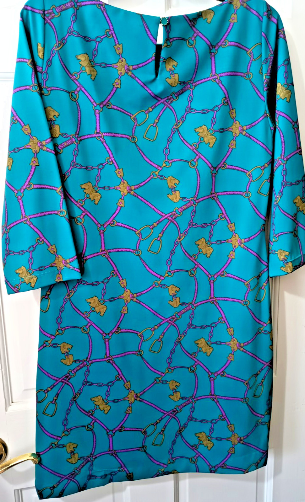 Britt by Britt Ryan Equestrian Shift Dress Horse Bit & Bridle Print Aqua Small