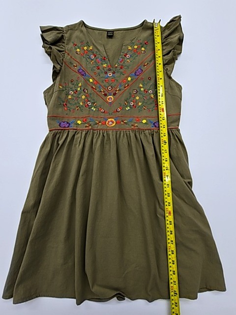 SHEIN Kids Olive Green Embroidered Knee-Length V-Neck Dress