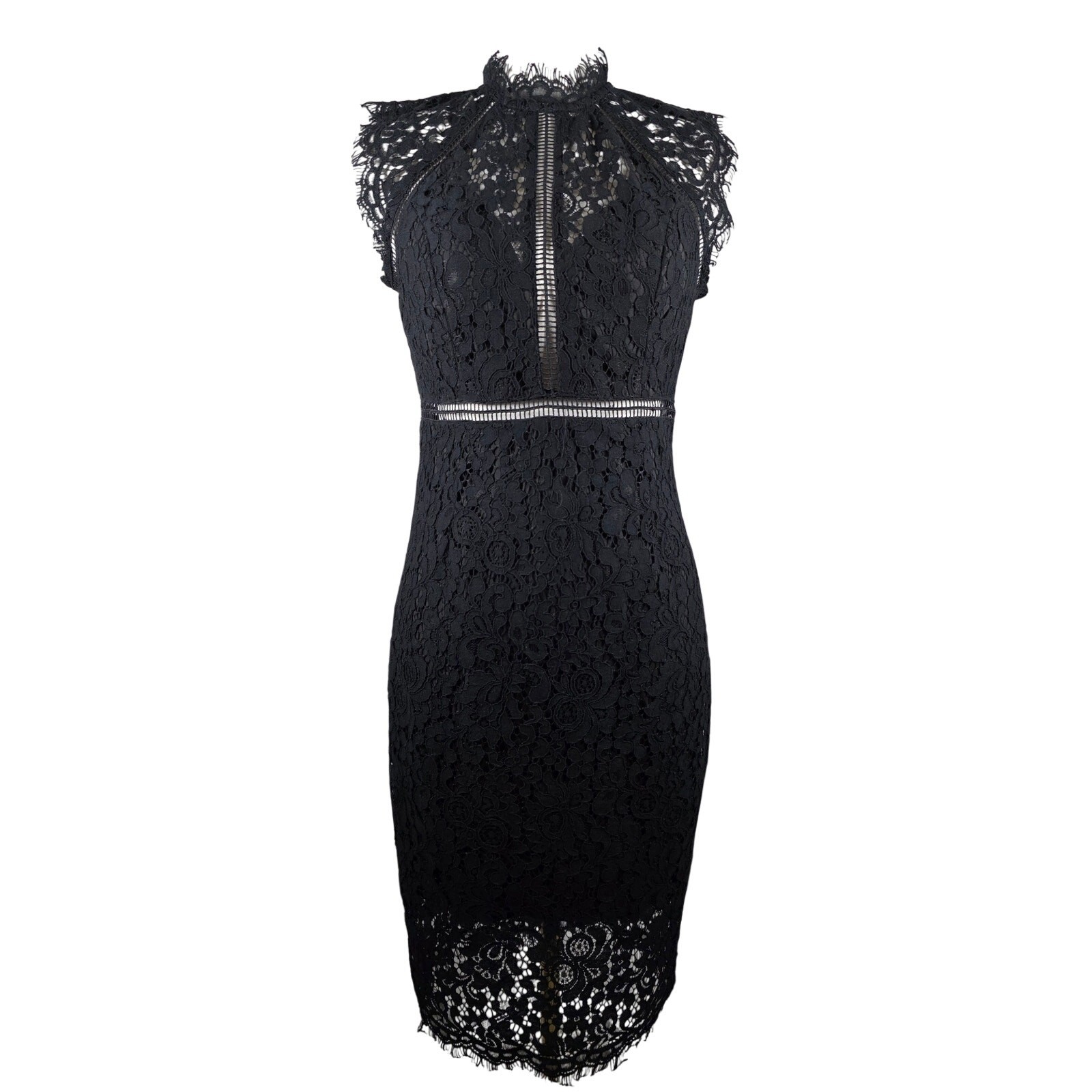NWT M (6) Bardot Black Lace Midi Mock Neck Sleeveless Dress w/Back Zip & Slit