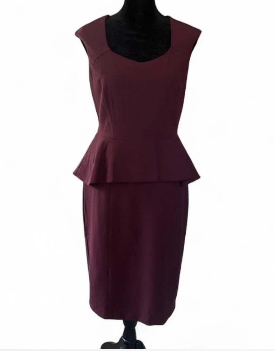 White House Black Market Burgundy Peplum Sheath Knit Zip Lined Dress 2