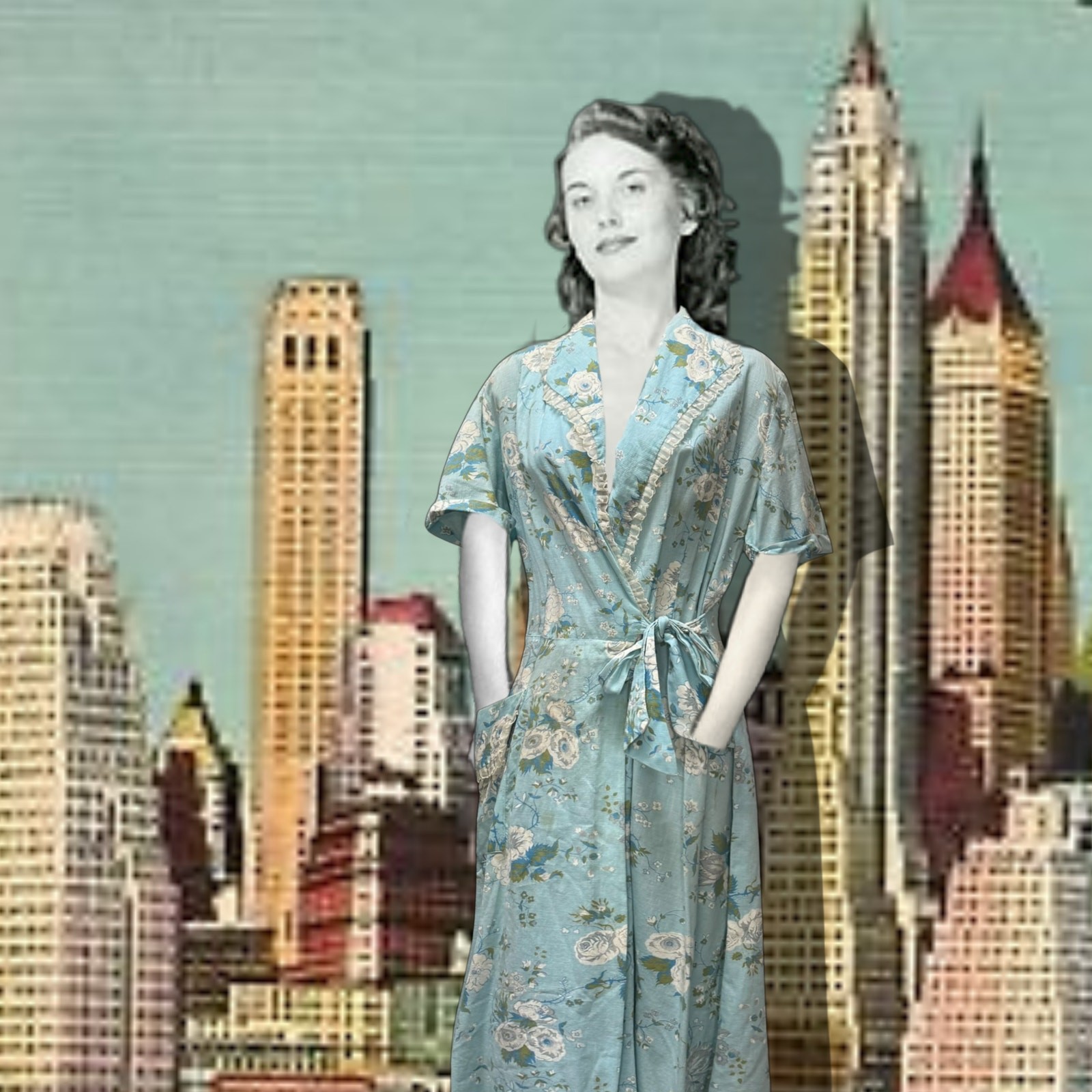 Vintage 1940s Blue Floral Seersucker Cotton House Dress Tie Waist Pockets Lace
