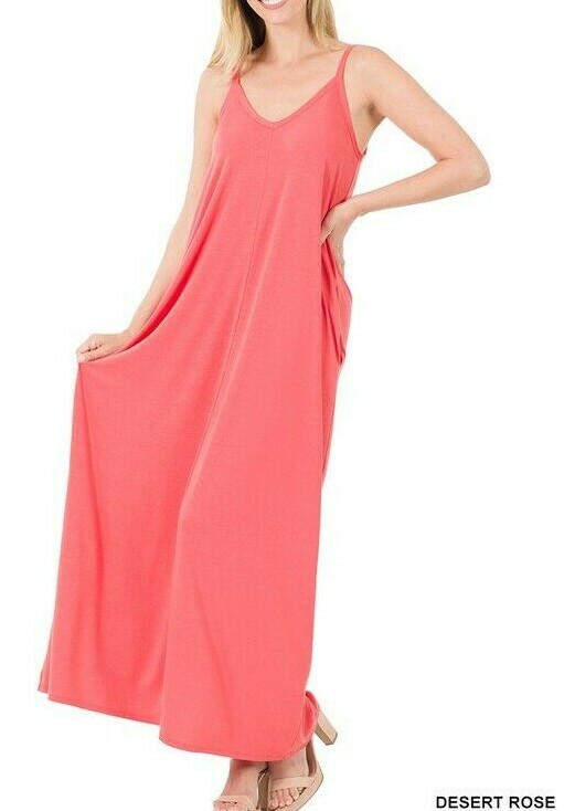 Zenana Cami Maxi Dress Adjustable Straps Loose Fit Side Pocket 1X 2X 3X