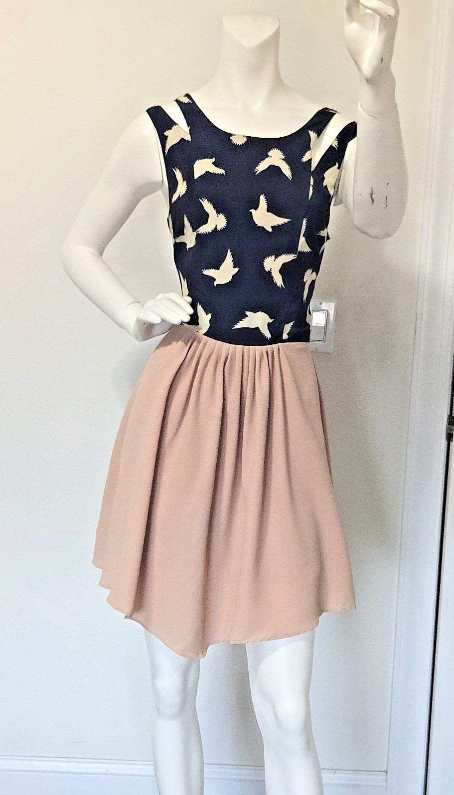 Swallow Bird Print Cutout Cold Shoulder Dress S Navy Beige Indie Flare Mini