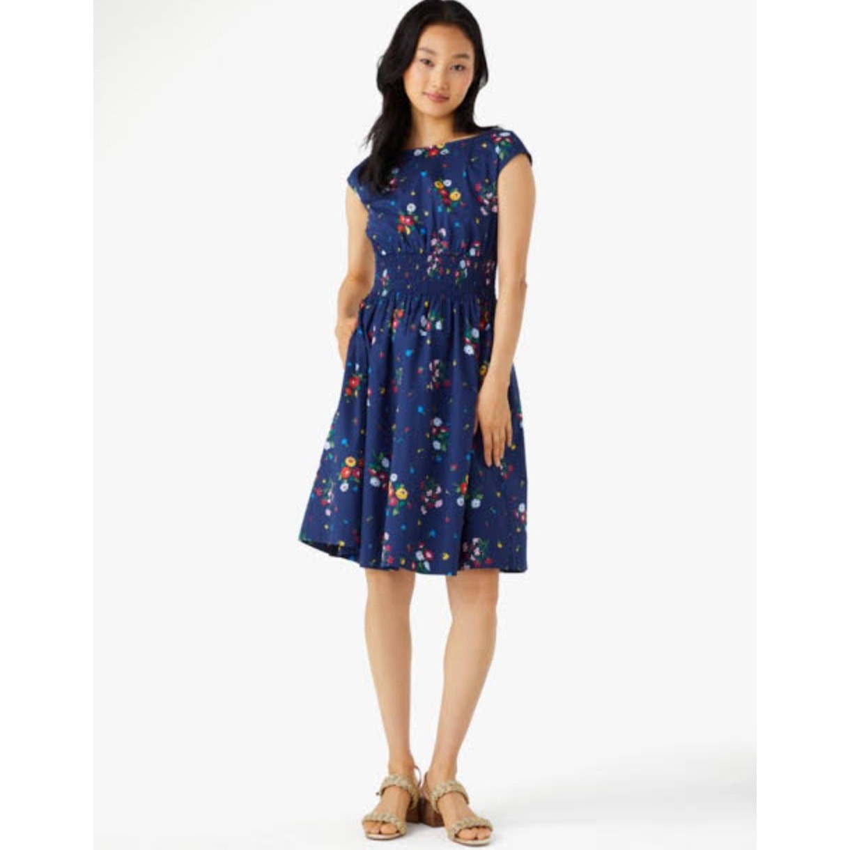NWT Kate Spade Bouquet Toss Blaire Navy Floral Smocked Cotton Dress Large