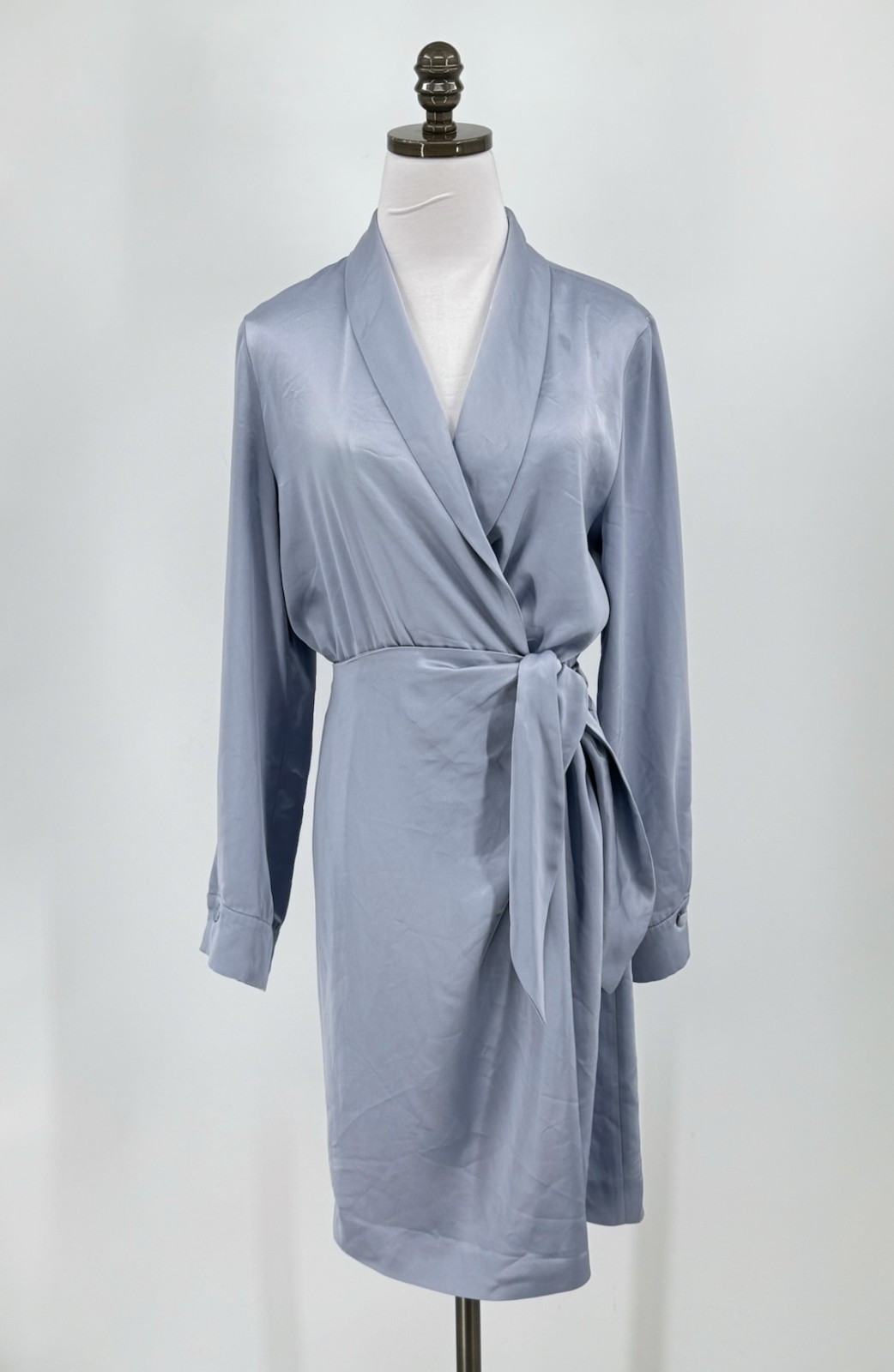 Nanushka Blue Satin V Neck Tie Waist Long Sleeve Siwa Wrap Dress Sz M