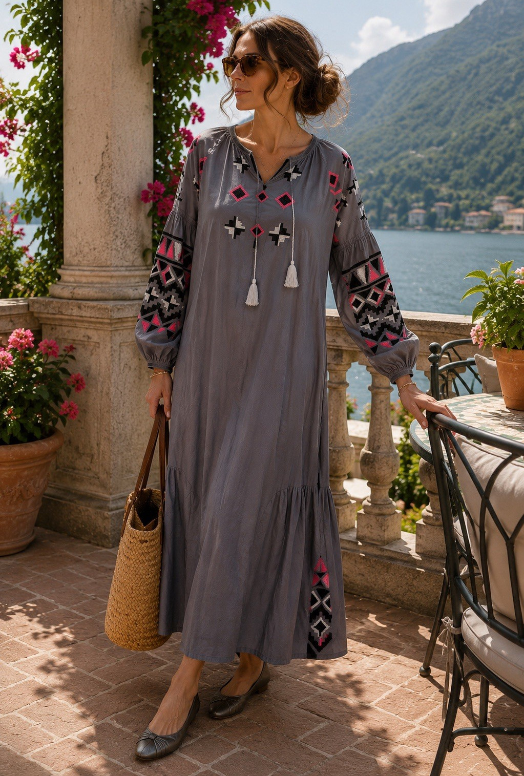 Ukrainian Linen Vyshyvanka S Gray Geometric Embroidered Maxi Dress Boho Folk