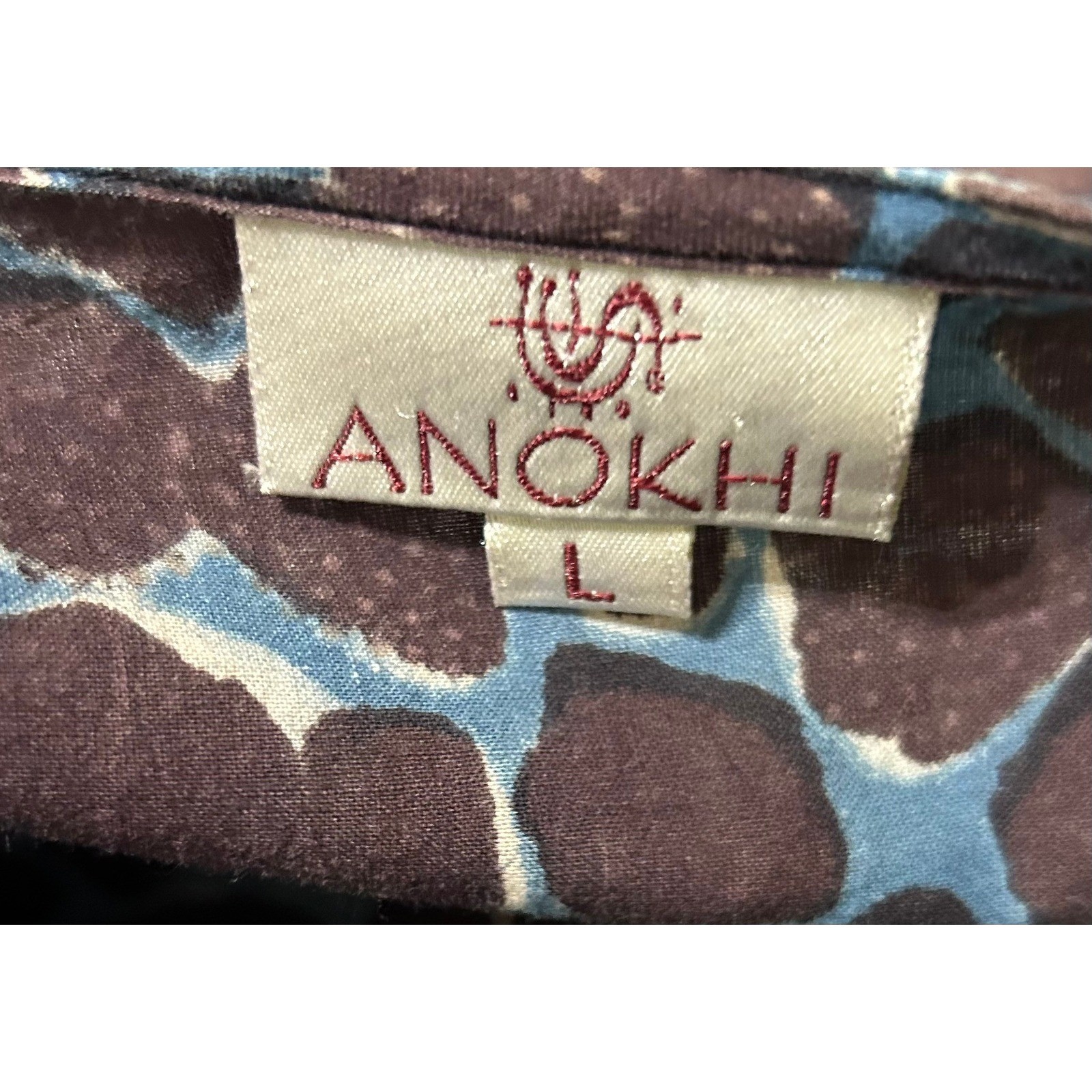 Anokhi Tunic Dress L Indigo Giraffe Block Print Cotton Kurta L/S BOHO Chic Artsy