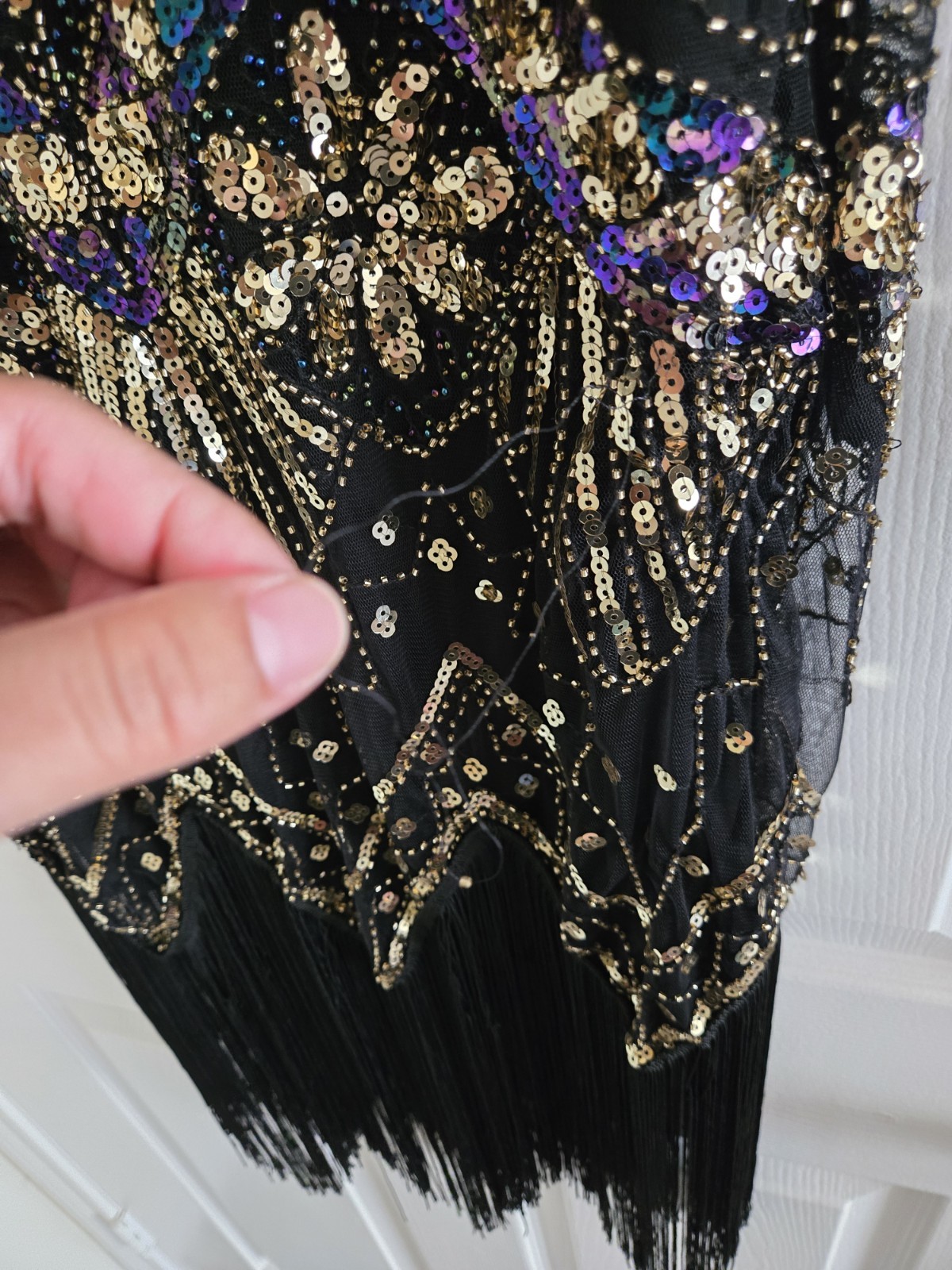 Black & Gold Sequin Beaded Fringe Mesh V-Neck Sleeveless Flapper Dress