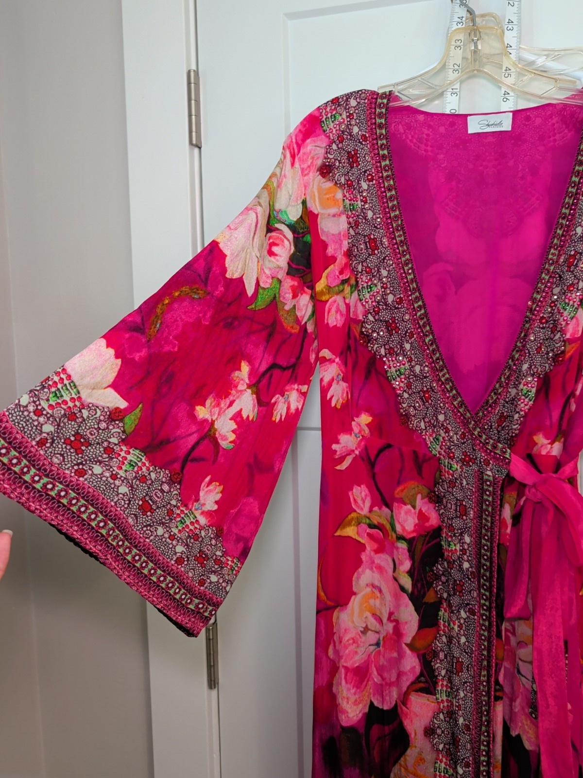 SHAHIDA PARIDES Rhinestone Beaded Wrap Maxi Dress Silk Sz M/L Floral Print Pink