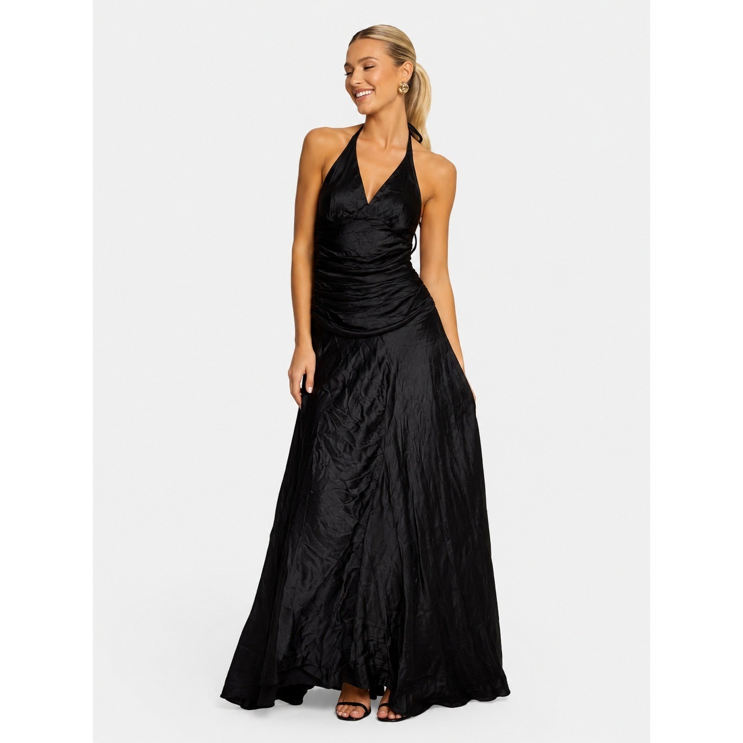 Betsey Johnson Black 100% Silk Ruched Halter Maxi Gown Dress Y2K 6 S