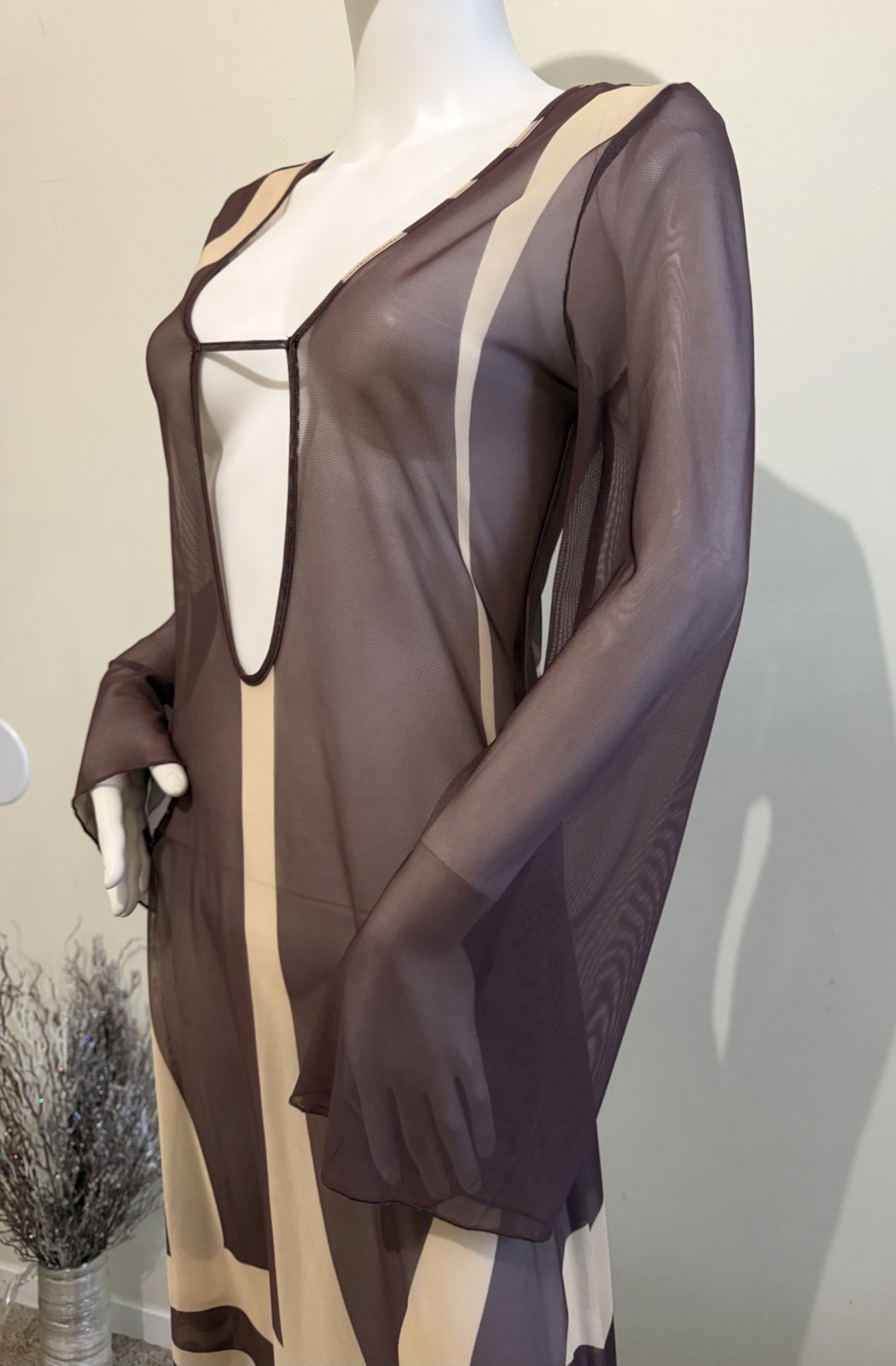 Caroline Constas XS Mesh Maxi Dress Brown Beige Abstract V-Neck Sheer Bell