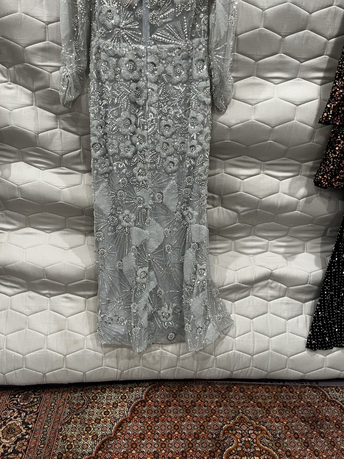 Terani Couture Silver Beaded Embroidered Mesh 3/4 Sleeve Long Gown Zip 10