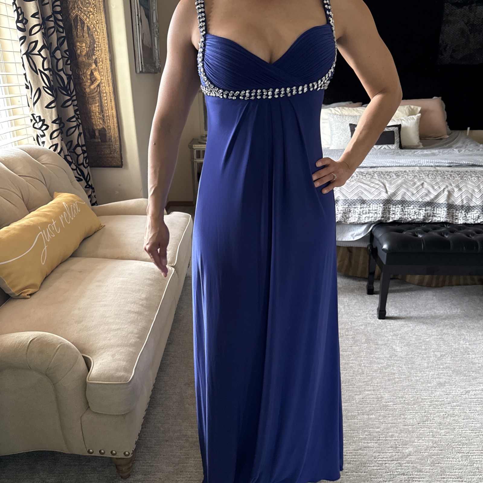Beautiful Navy Dress With Diamond Accents Perfect For Any Formal Occasion ￼