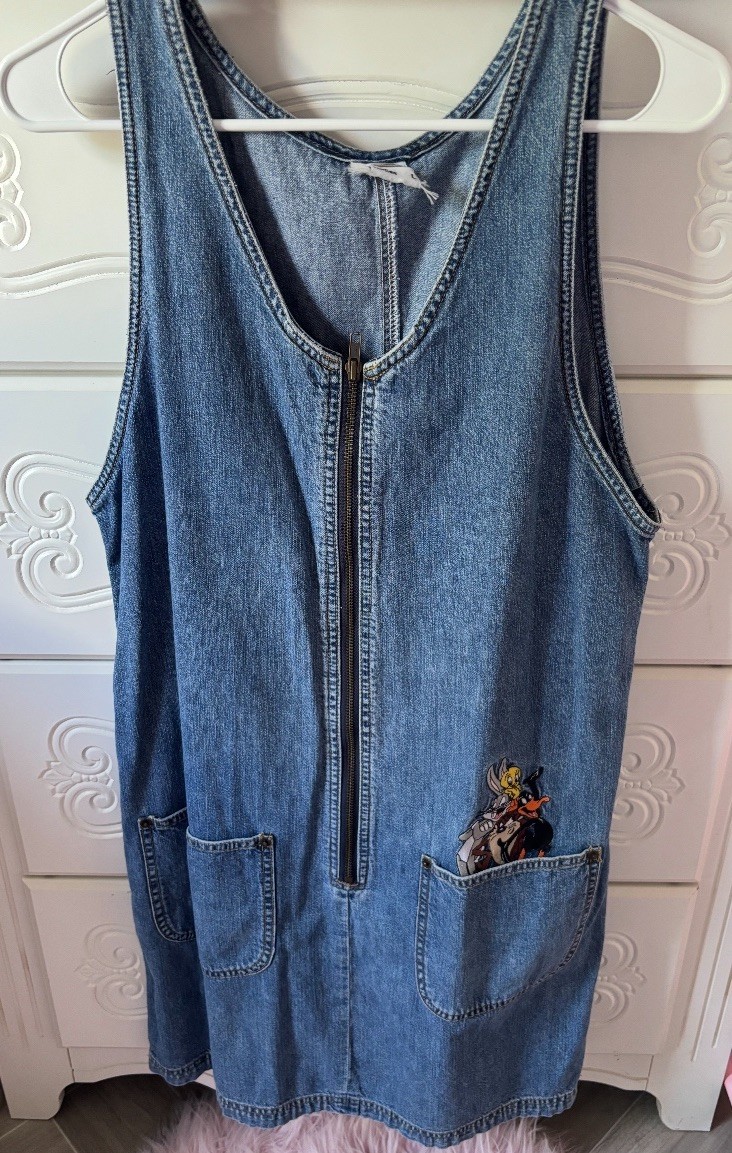 Vintage Looney Tunes Denim Overall Dress. Bugs Tweety Daffy Taz. Size L