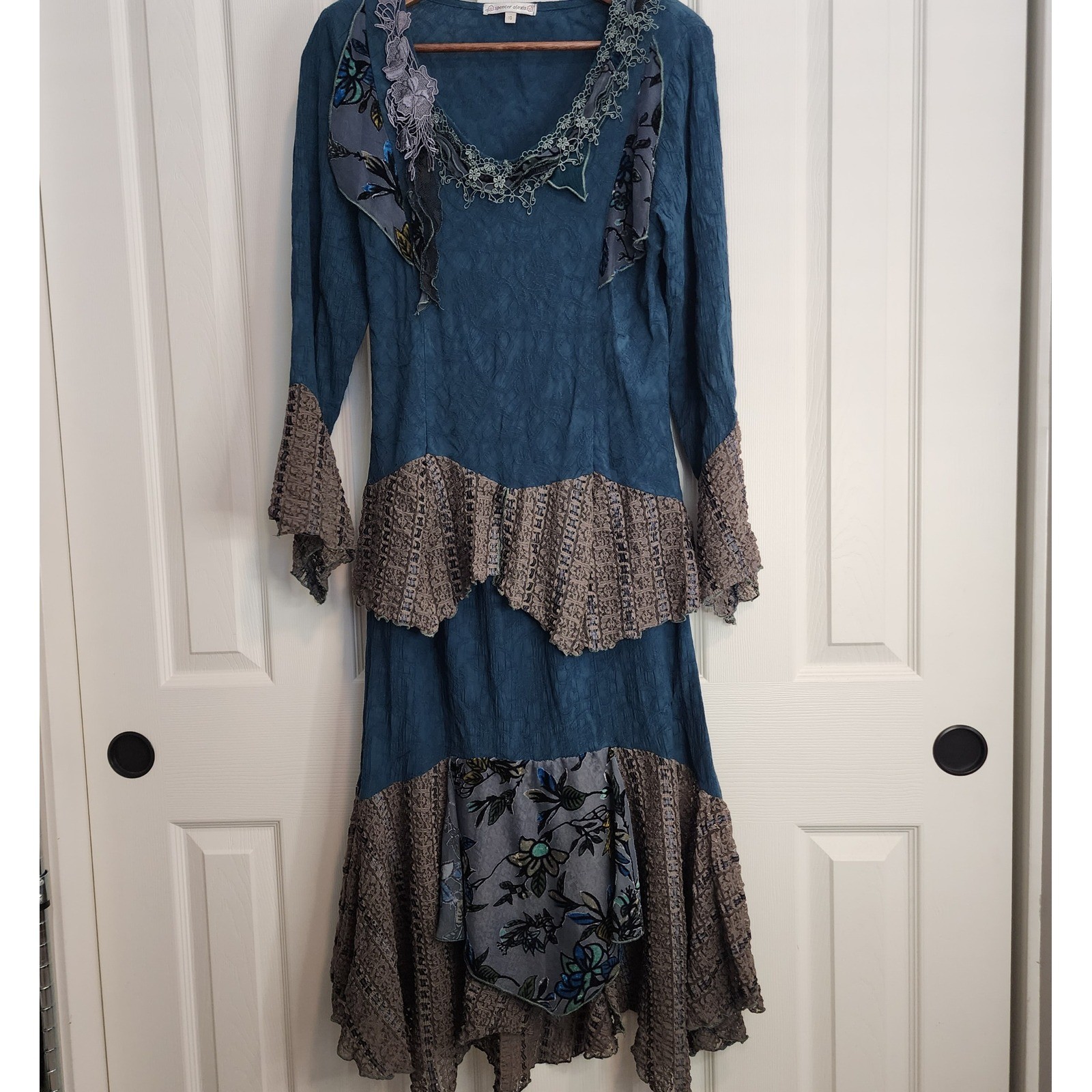Blue Floral Bohemian Long Sleeve Lace Trim Top and Skirt Unique Design