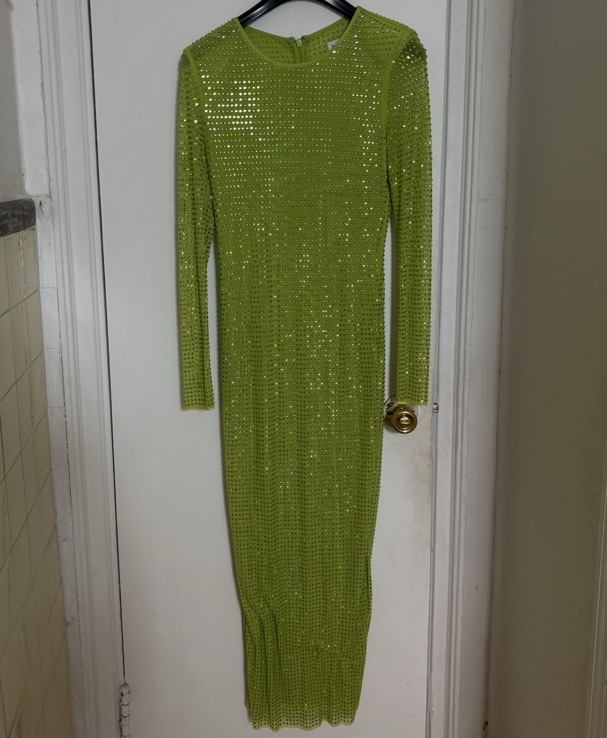 self-portrait Green Mesh Rhinestone Bodycon Maxi Dress Long Sleeve Size S