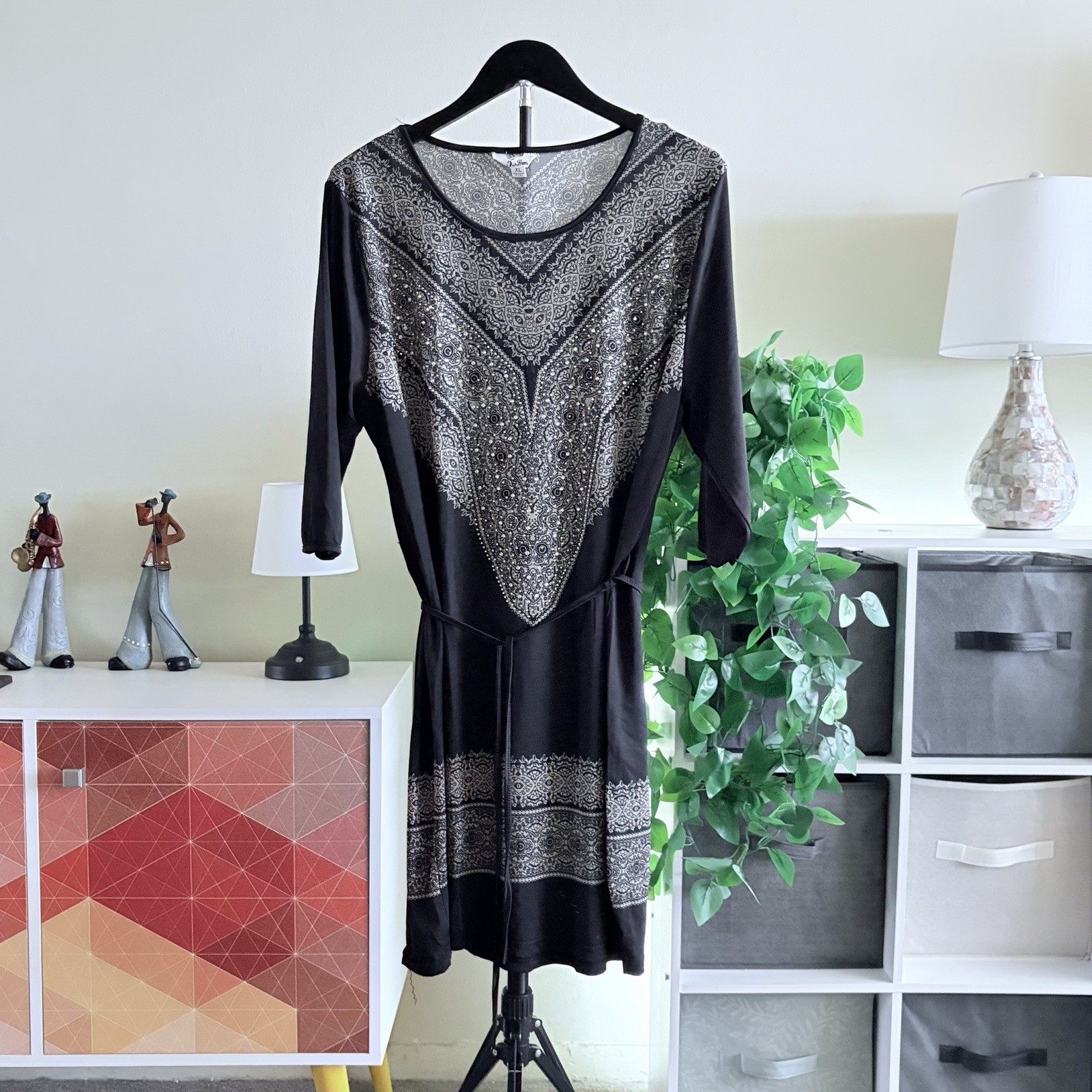 5th & Love Women’s XL Black Gray Geometric Knit Shift Knee Dress 3/4 Sleeve