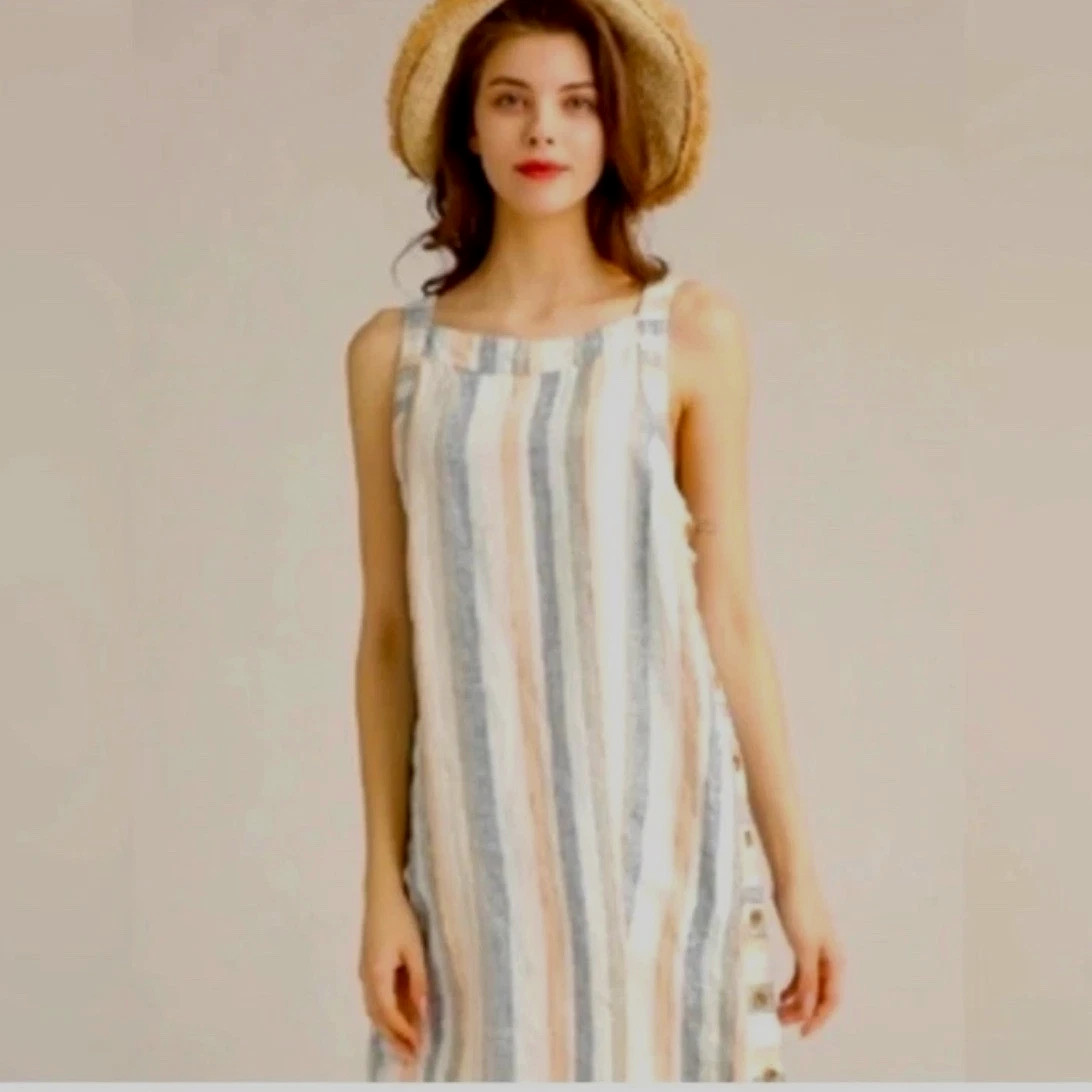 ForCynthia Stripe Linen Dress XL ButtnSide, Back Cutout, Horizontal Hem Contrast