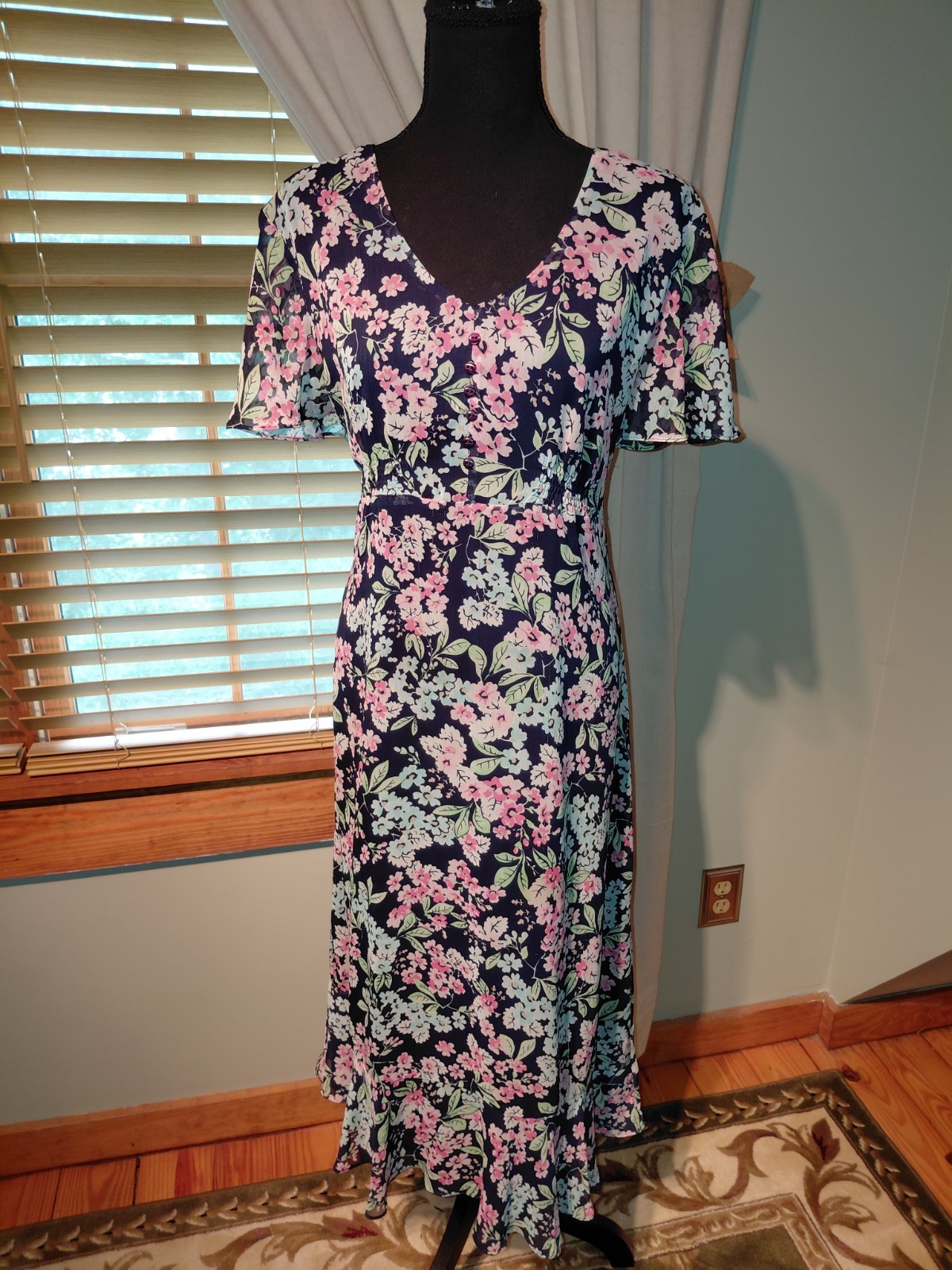 Sag Harbor Petites Size PM Floral Mid-Calf Flare Dress Semi Sheer Fully Lined