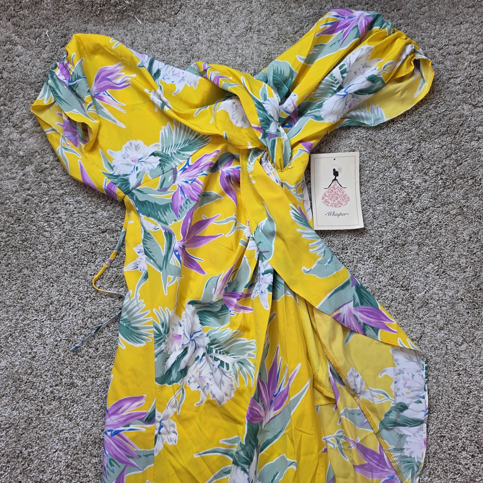 NEW Whisper Dress Womens S Yellow Wrap Maxi V-Neck Tie Flutter Sleeve Lined