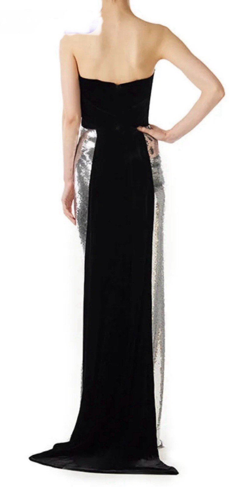 Monique Lhuillier Strapless Sequin Silver & Black Velvet Gown Worn Once Size 4