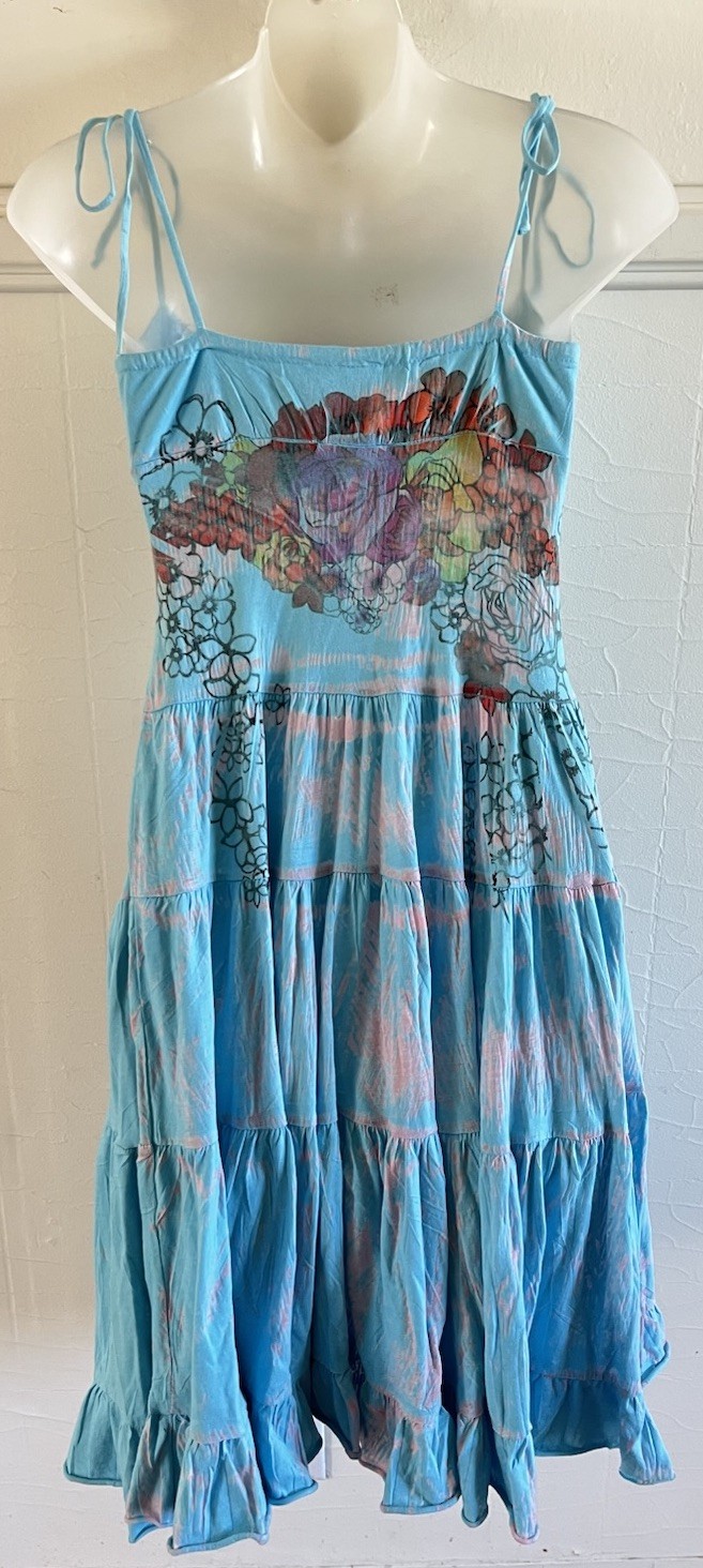 Vtg 1990s Y2K Butterfly Dropout Tiered Turquoise Tattoo Print Mini Dress-XS USA