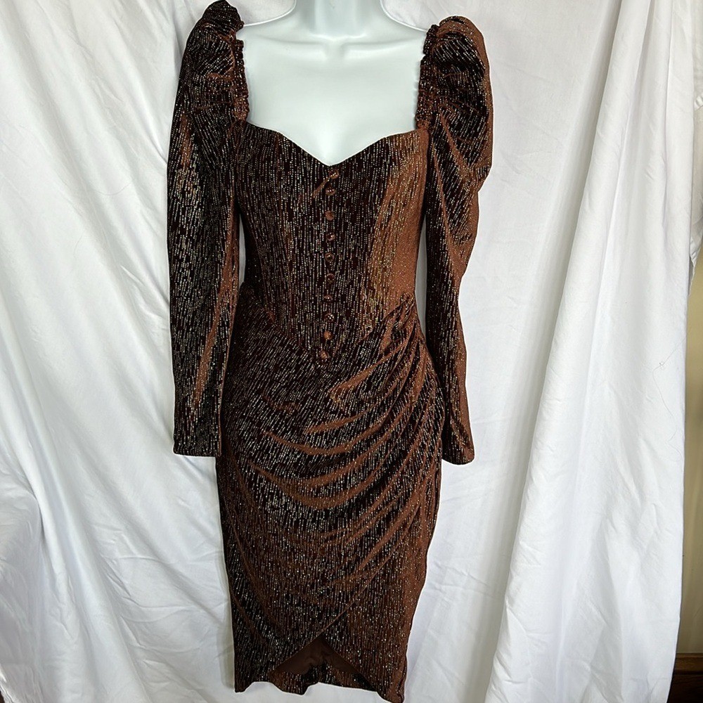 Lavish Alice sparkle velvet puff sleeve midi dress in chocolate brown 🛍️