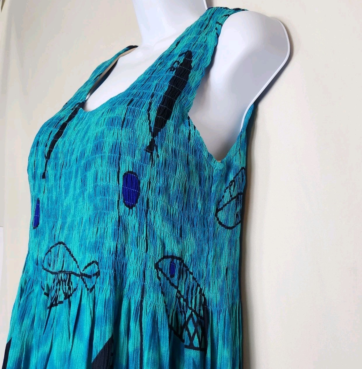 Kaktus Dress Womens Medium Blue Fish Print Sleeveless Summer Maxi Beach Resort