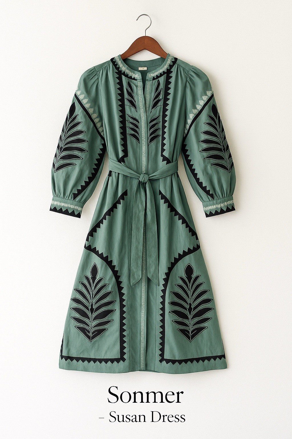 Sonmer Susan Dress Size S Boho Embroidered Long Sleeve Midi Green Black Spain