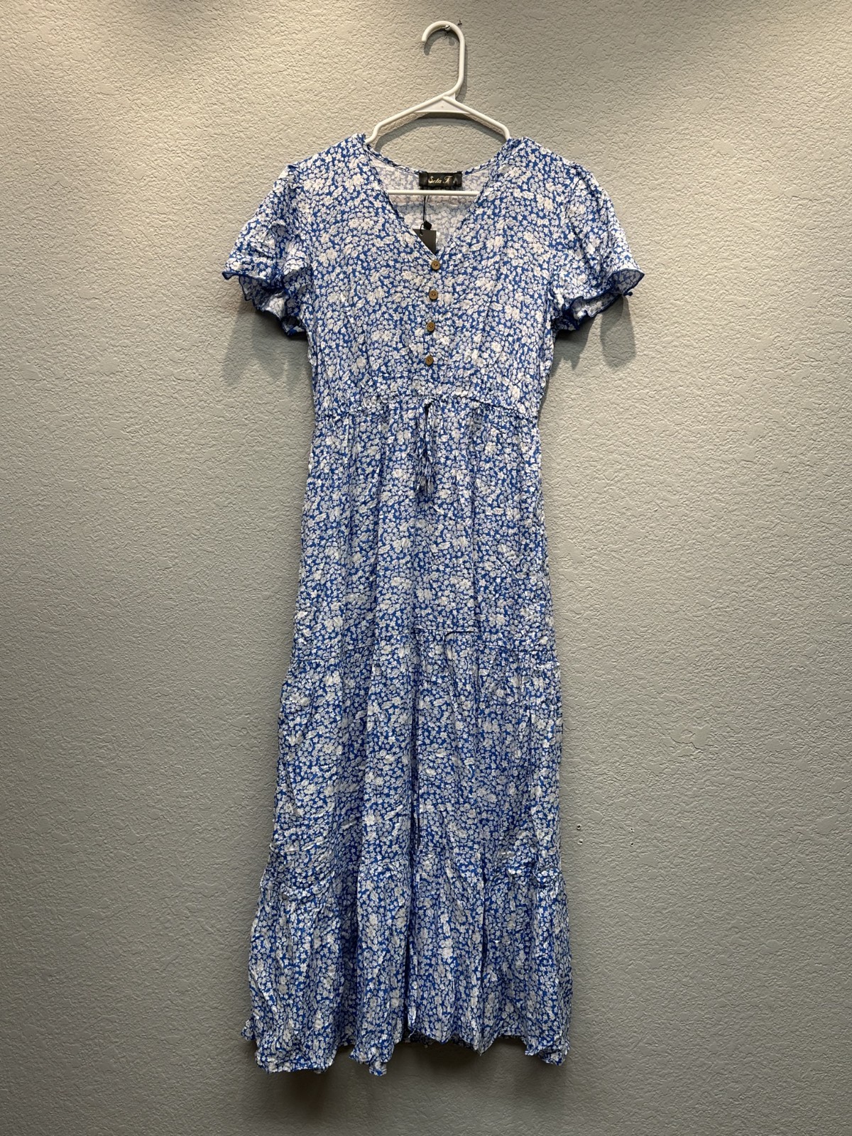 Seta T Women’s V Neck Split Hem Short Sleeve Floral Maxi Sundress Blue Small