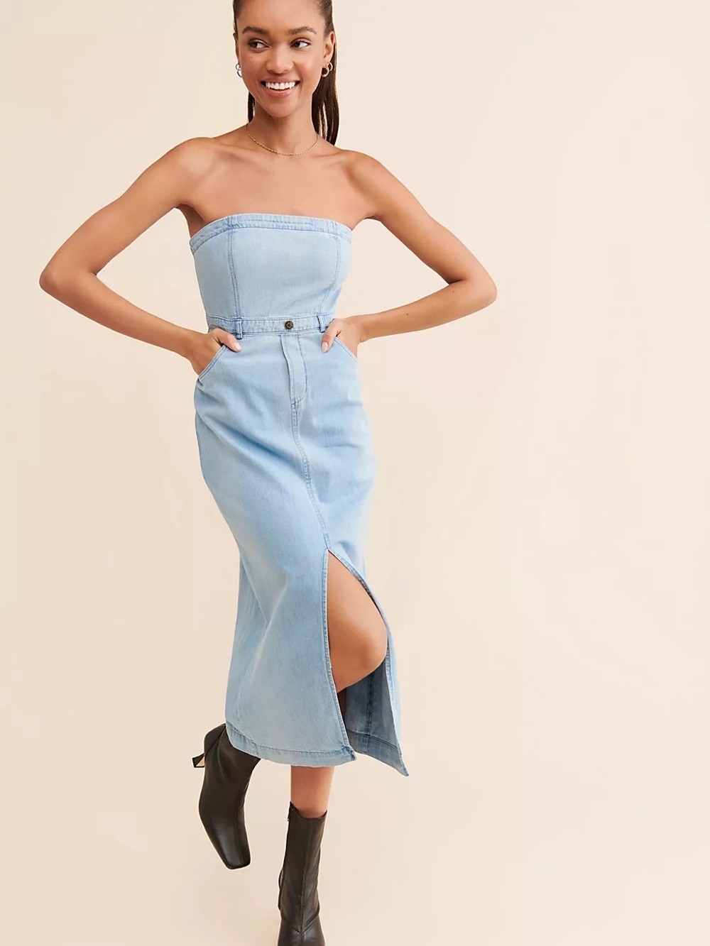 Free People Picture Perfect Light Wash Denim Strapless Dress