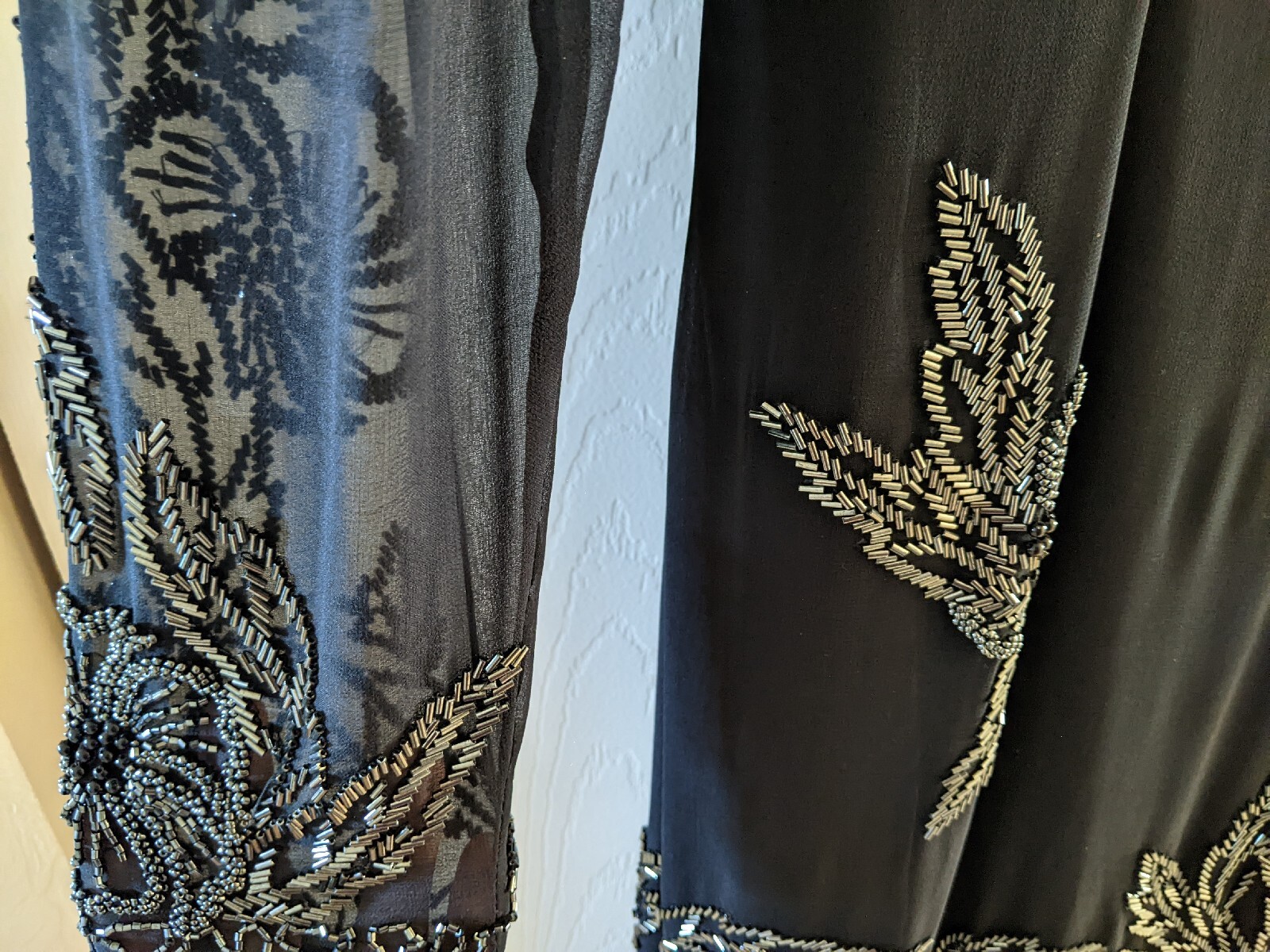 Creative Creations M black 100% silk hand beaded party flapper swing sheer flora
