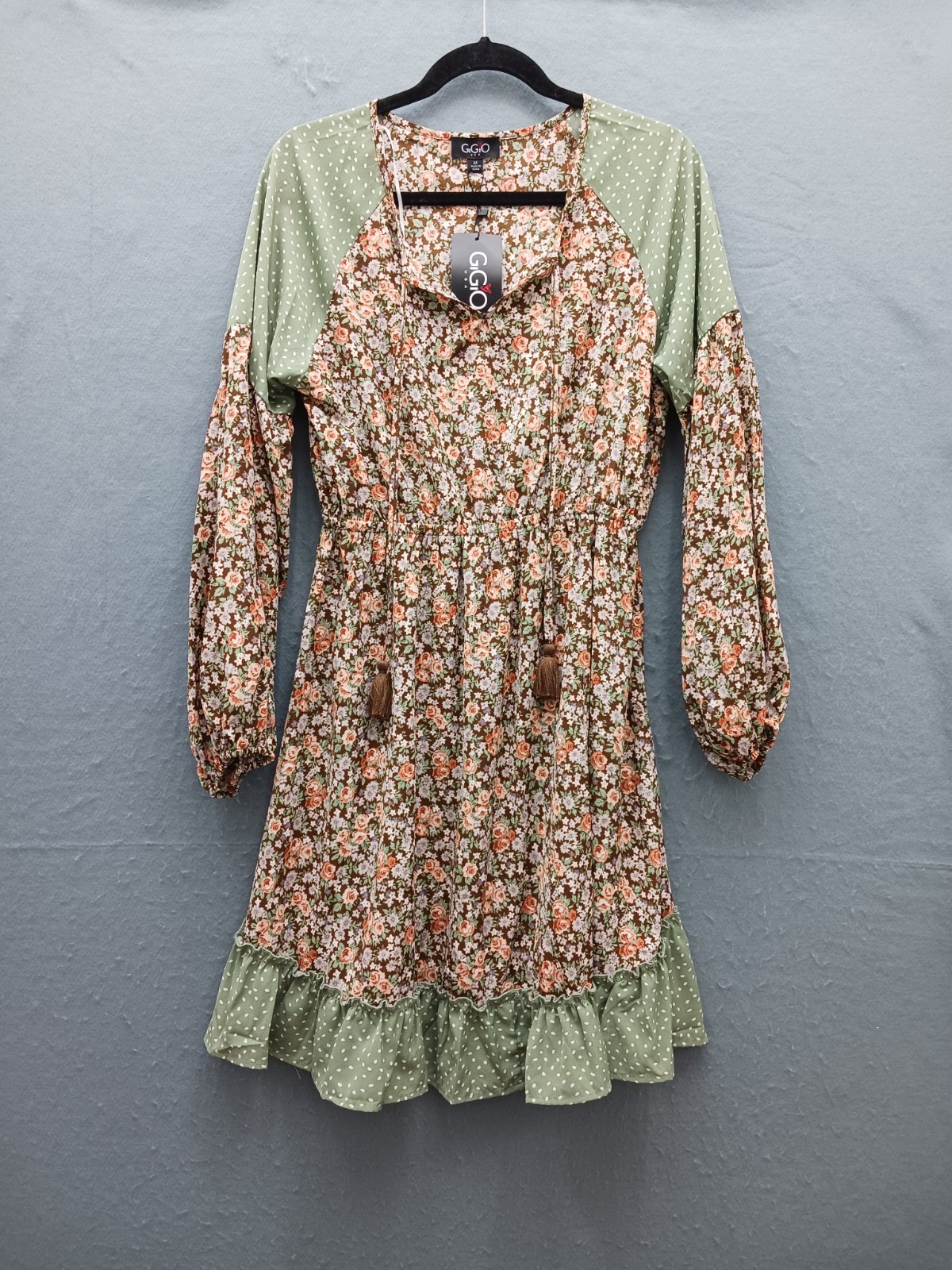 GiGiO Women M Dress Brown Floral Long Sleeve Boho Prairie Polka Dot Midi NWT