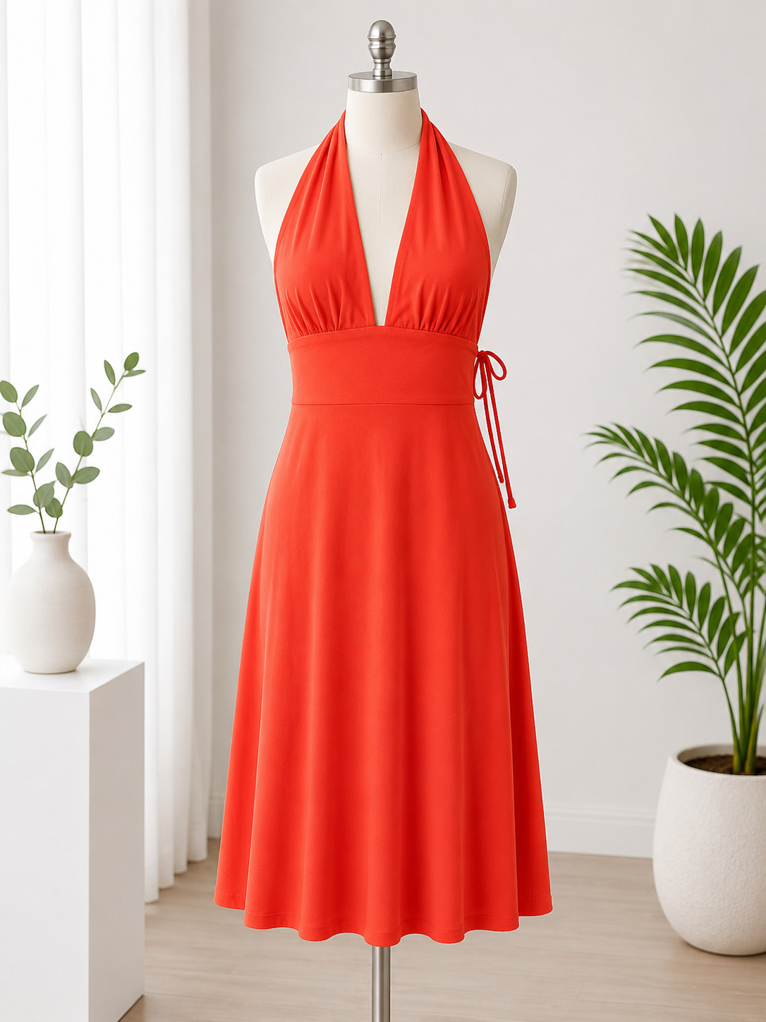 Moda International Coral Halter Dress Women’s Small Rayon Open Back USA