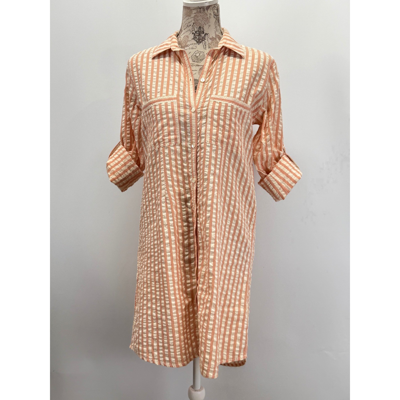Roller Rabbit Orange White Striped Seersucker Button Front Shirt Dress Sz S