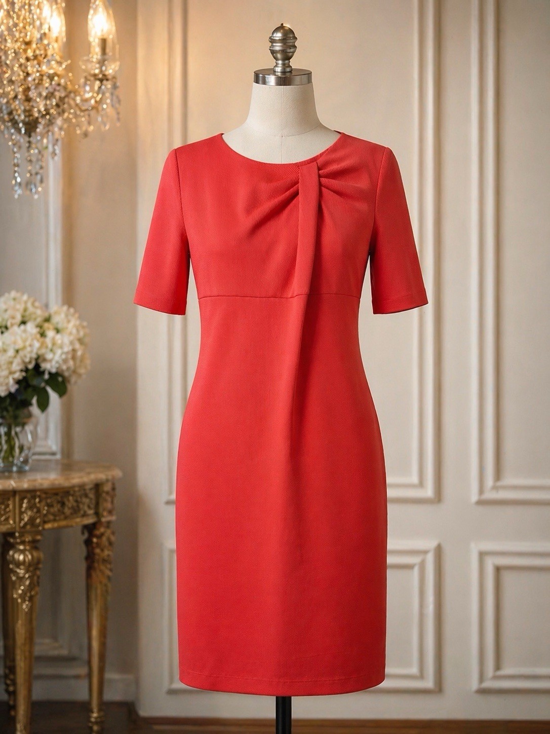 Gabby Skye Dress Womens 12 Red Sheath Bow Detail Short Sleeve Career