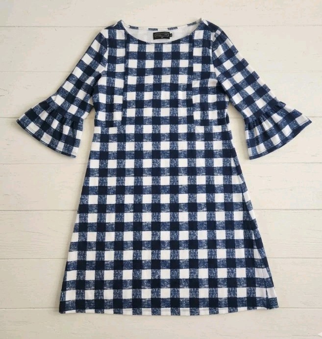 Duffield Lane Gingham Shift Dress Navy Blue White Bell Sleeve Boat Neck Size M