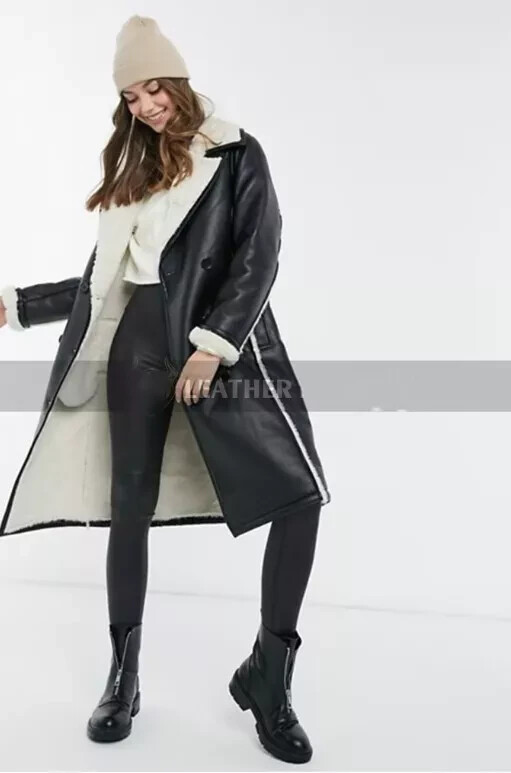 Womens Shearling Trench Leather coat| Genuine Lambskin Leather & Faux Fur Coat M
