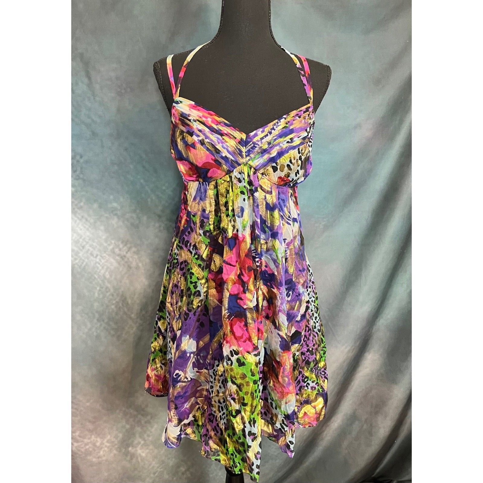 Oleg Cassini Y2K Silk Dress Halter Corset Back Floral Animal Print Party Size 6