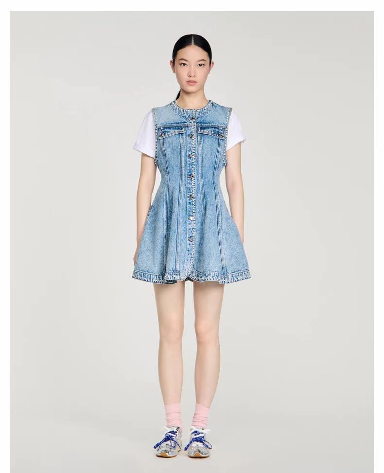 Sandro Ruffled edge V-neck Rhinestone Beaded Denim sleeveless Dresses Women’s