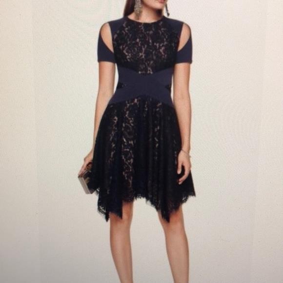 BCBGMaxAzria TRISH Lace Shoulder Cutout Asymmetrical Hem Dress, Size 0 ($398)