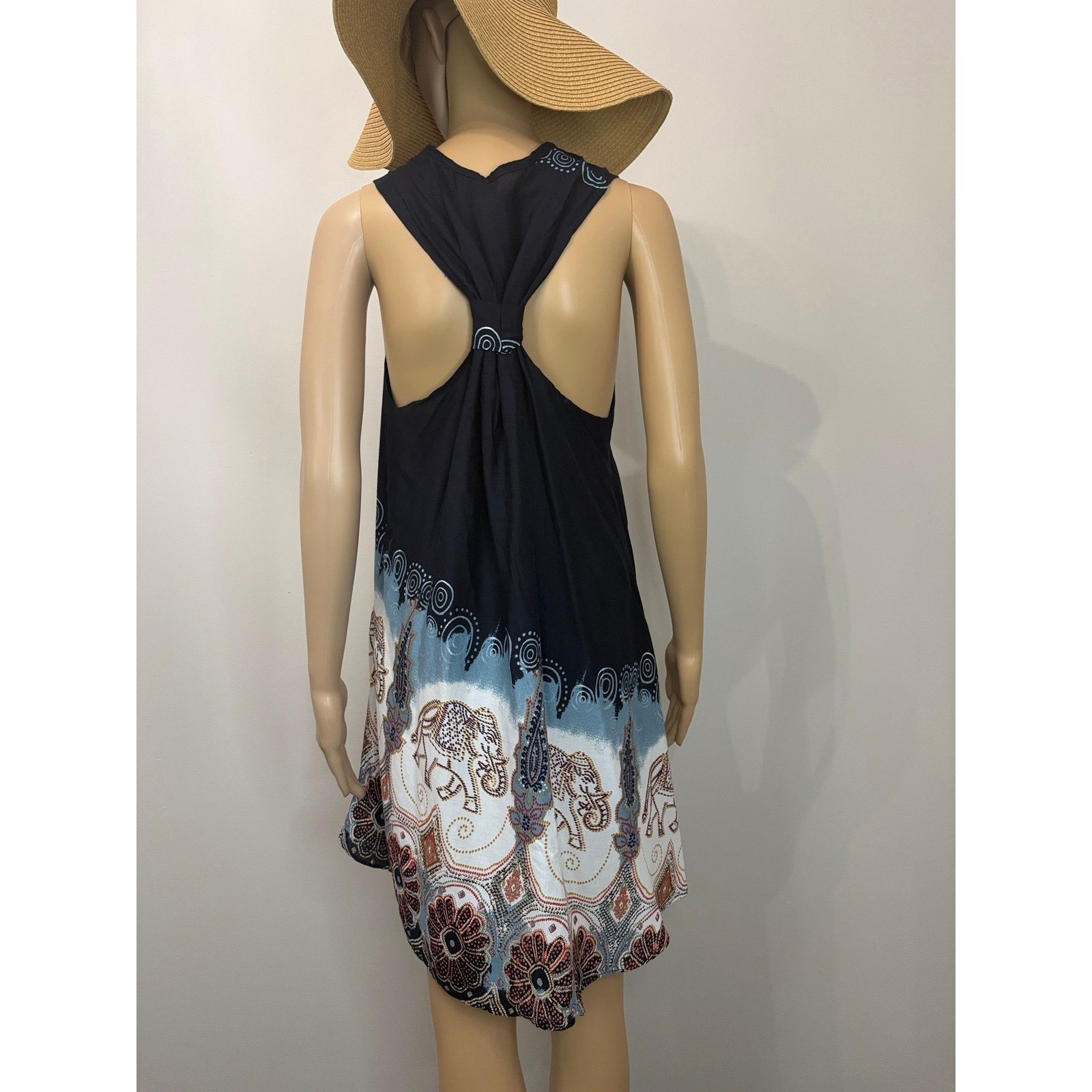 Boho Elephant Print Sleeveless Swing Tunic Dress Black Blue Twisted Racerback