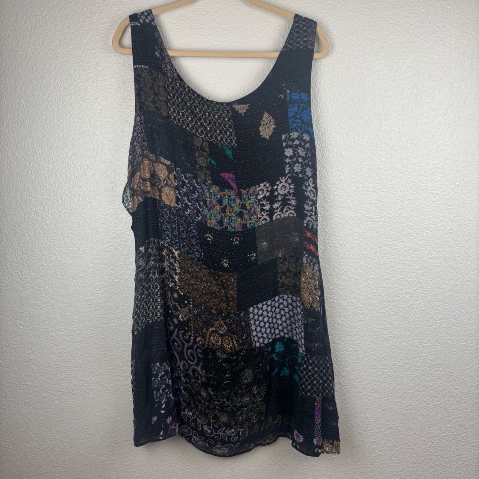 NWT Desigual 46 US 12 XL Black Patchwork Sleeveless Tunic Dress Boho Artsy