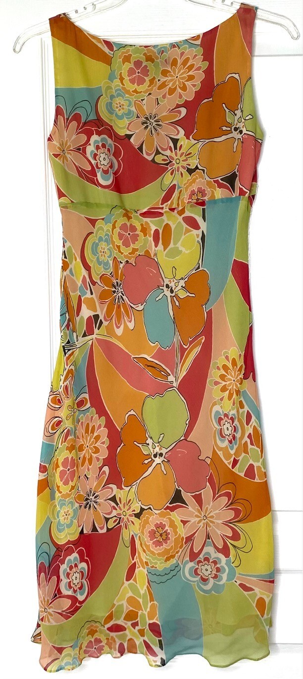 LAFAYETTE 148 Groovy Psychedelic Flower Floral 70’s Crinkle Silk Dress 10 Petite